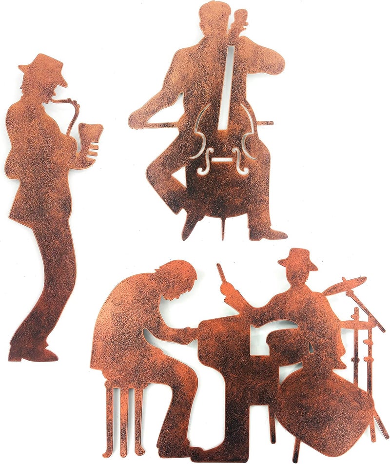 J-Fly Music Art Wall Decor Jazz Decoration Cowboy Metal Wall Art Rustic Indoor and Valentine Home Decor With Saxophone Cello Drum Kit And Piano,Brown - Image 1